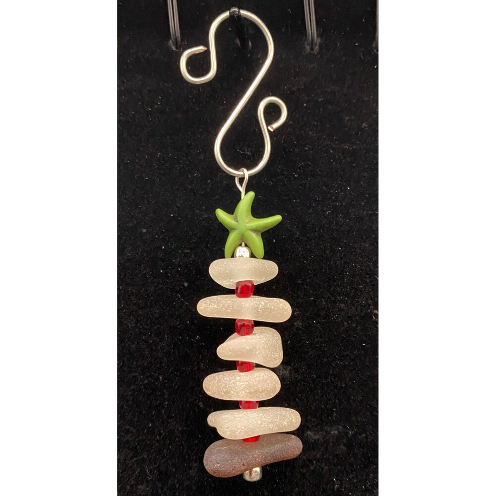 Handmade Sea Glass Christmas Tree Ornament Green Star & Red Beads by Neanie-Bot